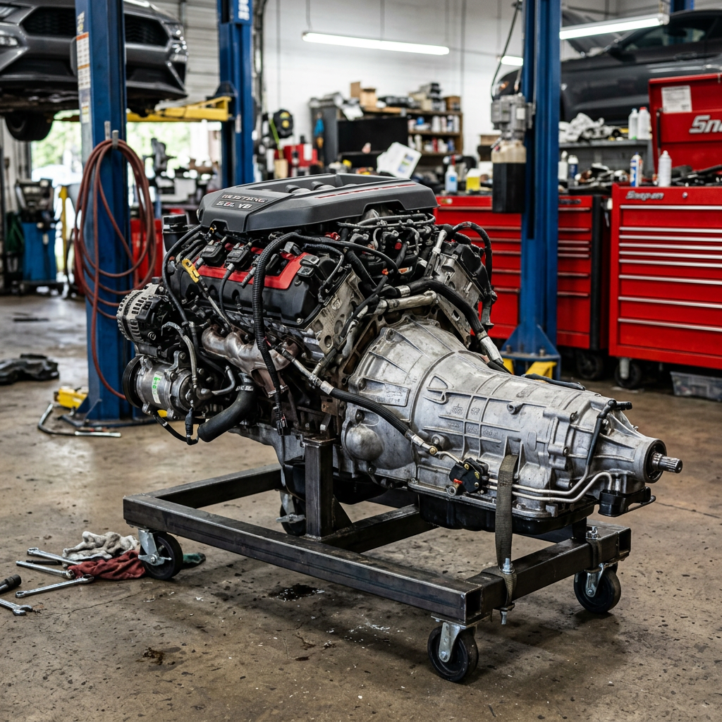 Chevy LS7 7.0L V8 engine with attached transmission on a metal trolley in a garage