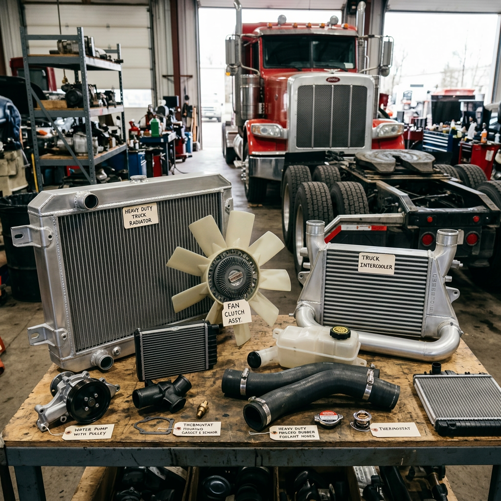Heavy duty truck radiator, fan clutch assembly, water pump with pulley, truck intercooler, thermostat, rubber hoses and other cooling system parts on a workbench