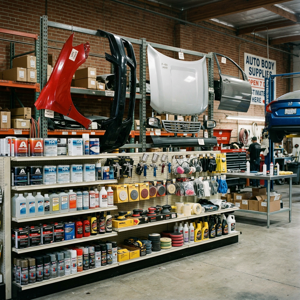 Auto body shop shelves with paints, spray guns, car bumpers, and a car on a lift