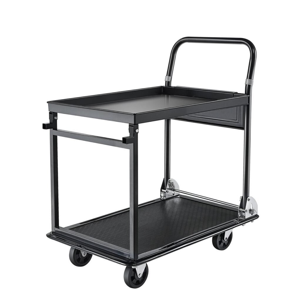 Foldable Push Cart Dolly, 700 Lbs, Heavy Duty Platform Hand Truck With Wheels, High-Strength Steel, 2 Tier Moving Flatbed Cart, For Warehouse, Garage, Workshop, Office, 28.7 X 18.5 X 32.3 In