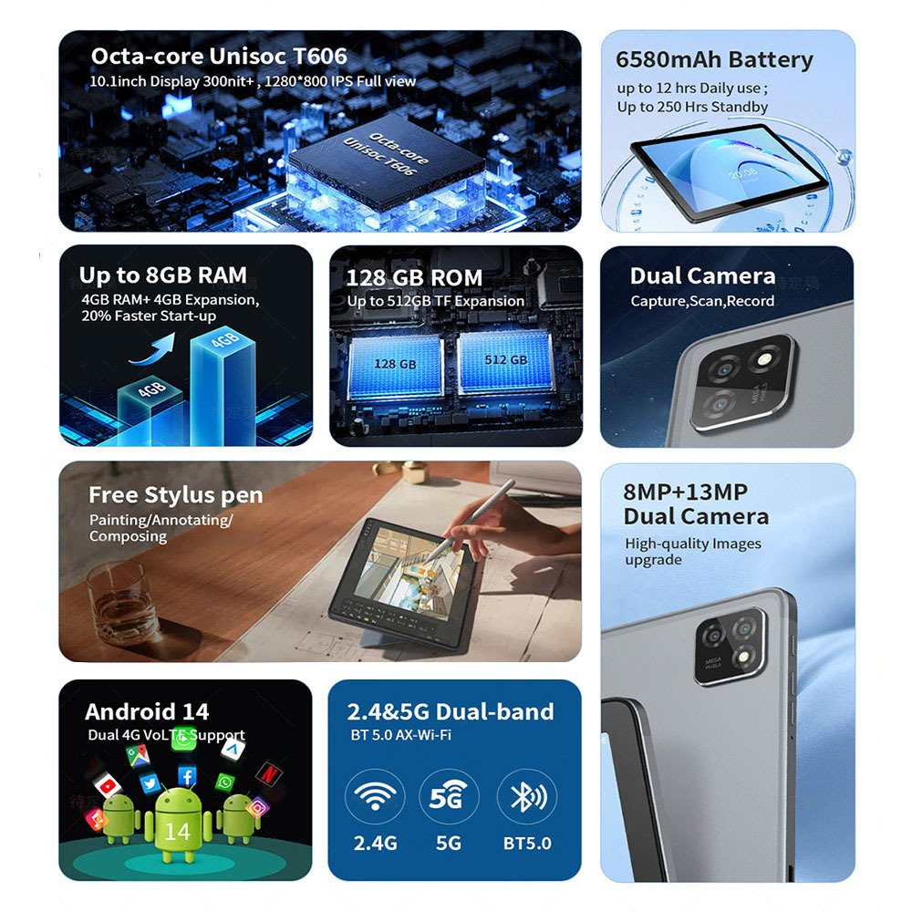 G-tab T11 Android 14 Tablet 10.1 Inch 1280&800 IPS Screen Unisoc T606 8 Core Max 1.6GHz 8GB RAM 4GB&4GB Expansion128GB ROM 2.4&5GHz WiFi Bluetooth 5.0 6580mAh Battery 8MP&13MP Camera Dual 4G - Image 4