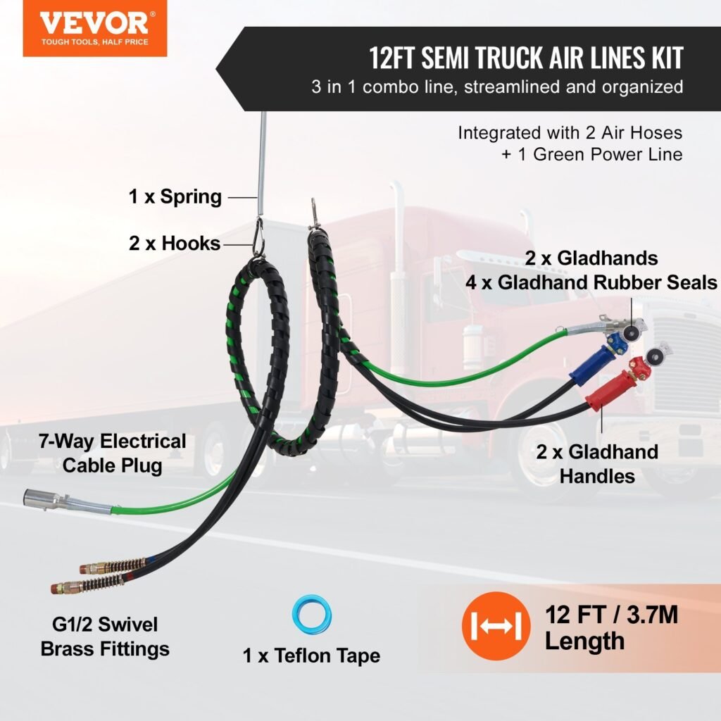 VEVOR 15FT Semi Truck Air Lines Kit With 2PCS Glad Hands, 3-in-1 Air Hoses & 7 Way ABS Electric Power Line, With 2PCS Gladhand Handles, 4PCS Seals And Tender Spring Kit For Semi Truck Trailer Tractor
