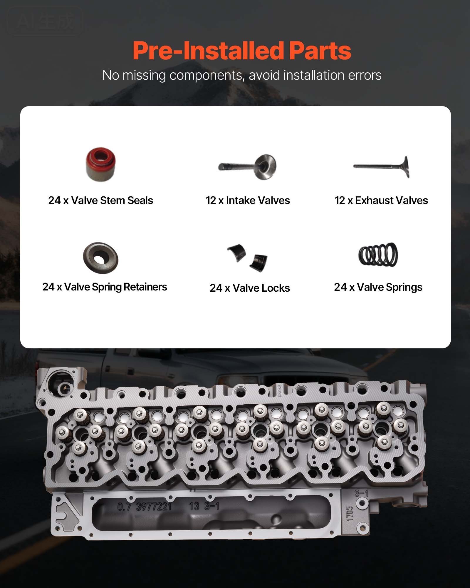 Cylinder Head Assembly, 6.7L Replacement For 2007-2018 Dodge Cummins 6.7L, Compatible With Dodge Ram 2500 3500 4500 Models, Complete Engine Cylinder Head Assembly Replaces 3977221, Cast Iron - Image 2